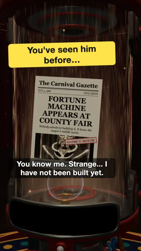 A 1986 newspaper, The Carnival Gazette, pressed against the dark glass of the machine, stamped ZOLTAN'S ARCHIVE: Fortune machine appears at county fair.